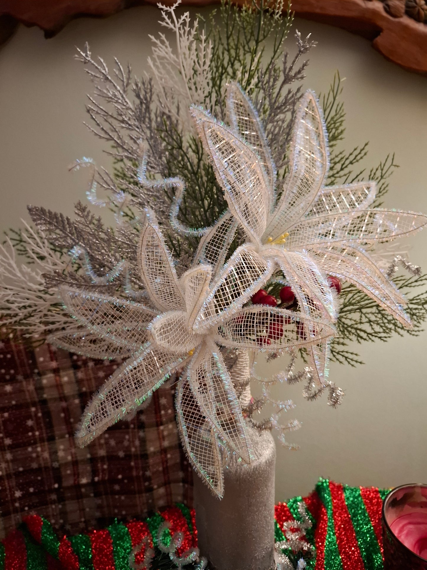 Handcrafted Mesh Flower Christmas Arrangement